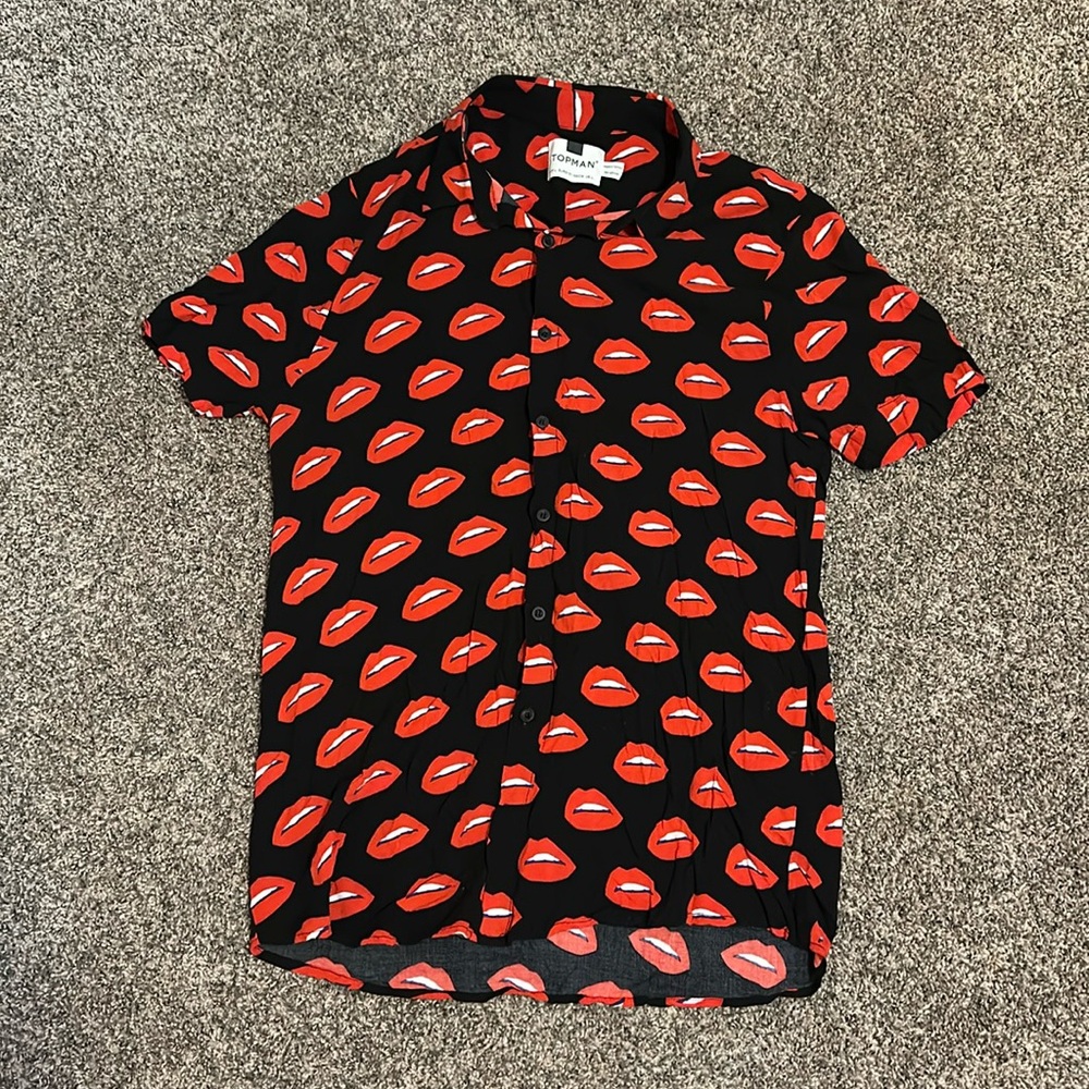 Topman Black Short-Sleeve Shirt with Red Lip Print